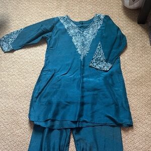 Womens teal Blue Embroidered cord Set